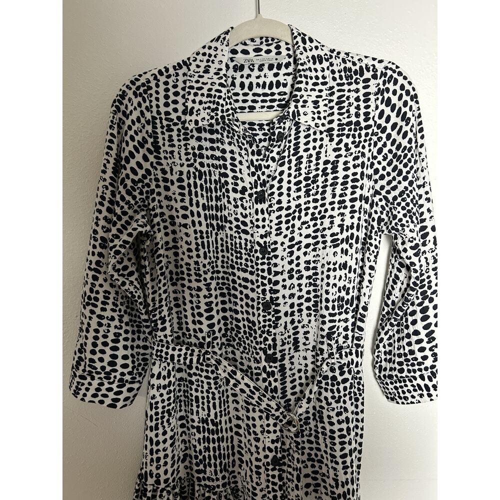 Zara Long Printed Black and White Long Sleeve Button Down Belted Dress Sz Small - Picture 4 of 6